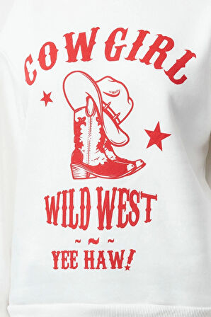 Relaxed Bisiklet Yaka Düşük Kol Kalın İçi Polarlı Western Baskılı Normal Kesim Örme Sweatshirt