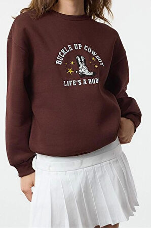 Relaxed Bisiklet Yaka Düşük Kol Kalın İçi Polarlı Western Baskılı Normal Kesim Örme Sweatshirt