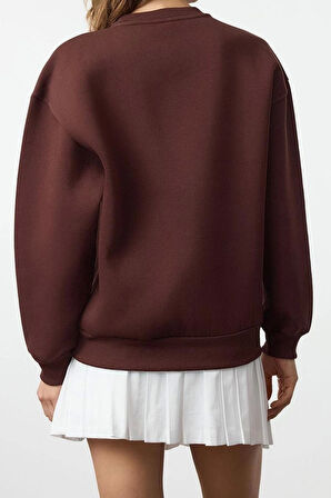 Relaxed Bisiklet Yaka Düşük Kol Kalın İçi Polarlı Western Baskılı Normal Kesim Örme Sweatshirt