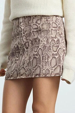 Modern Tarz Astarsız Denim Mini Boy Yılan Desenli Kahverengi Mini Denim Etek