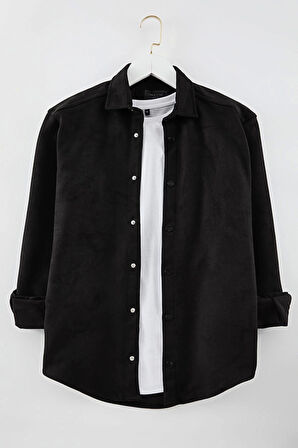 Şık Düz Desen Gömlek Yaka Slim Fit Süet Kışlık Gömlek