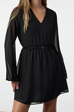 Moda Stil Regular Kruvaze Mini Boy Eteği Belden Açılan Astarlı Şifon Dokuma Elbise