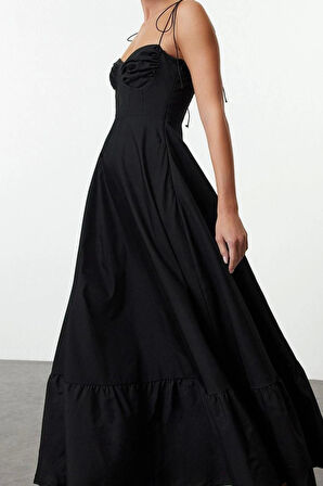 Moda Stil Regular Kalp Yaka Maxi Boy Drape Detaylı Dokuma Elbise