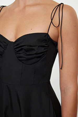 Moda Stil Regular Kalp Yaka Maxi Boy Drape Detaylı Dokuma Elbise