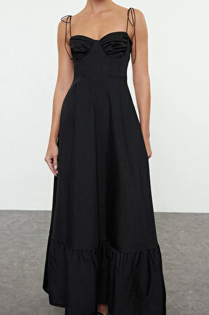 Moda Stil Regular Kalp Yaka Maxi Boy Drape Detaylı Dokuma Elbise