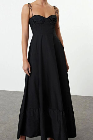 Moda Stil Regular Kalp Yaka Maxi Boy Drape Detaylı Dokuma Elbise