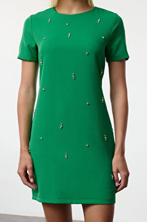 Moda Stil Regular Bisiklet Yaka Mini Boy Shift Düz Kalıp Taş İşlemeli Dokuma Elbise