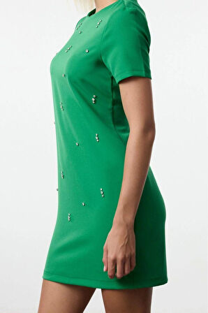 Moda Stil Regular Bisiklet Yaka Mini Boy Shift Düz Kalıp Taş İşlemeli Dokuma Elbise