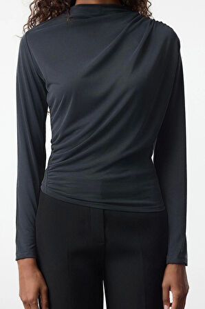 Stil Kadın Care Collection %100 Modal Kumaş Drape Büzgü Detaylı Bluz Regular Örme Regular Kalıp