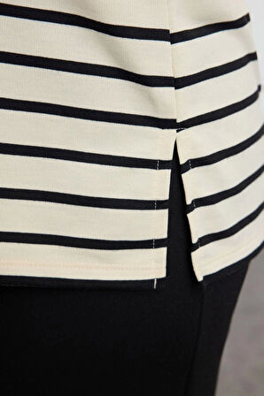 Büyük Beden Regular Bisiklet Yaka Standart Kol Regular Çizgili Normal Kalıp Örme Sweatshirt