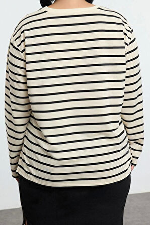 Büyük Beden Regular Bisiklet Yaka Standart Kol Regular Çizgili Normal Kalıp Örme Sweatshirt