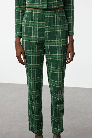 Tarz Rahat Uzun Kollu Boru Paça %100 Pamuklu Ekoseli Örme Pijama Takımı