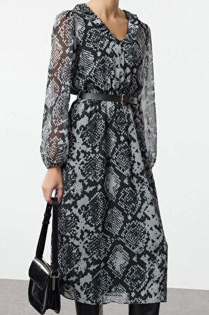 Moda Stil Regular V Yaka Midi Boy Kemerli Dokuma Elbise