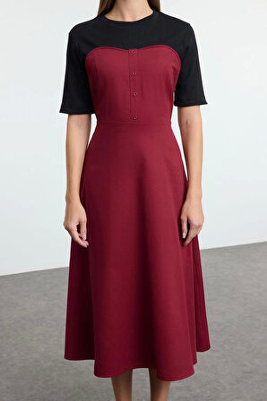 Moda Stil Regular Bisiklet Yaka Midi Boy Düz Dokuma Elbise