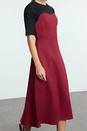 Moda Stil Regular Bisiklet Yaka Midi Boy Düz Dokuma Elbise