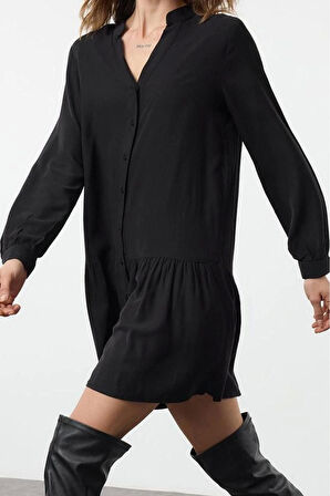 Moda Stil Regular Hakim Yaka Mini Boy Kalın Viskon Dokuma Gömlek Elbise