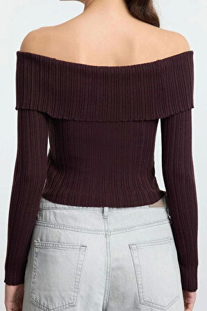 Stil Modern Kadın Crop Standart Kol Carmen Yaka Özel İplik Triko Hırka