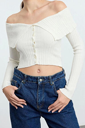 Stil Modern Kadın Crop Standart Kol Carmen Yaka Özel İplik Triko Hırka