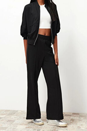 Tarz Kadın Normal Bel Boru Paça Fermuarlı Dik Yaka Örme Sweatshirt Pantolon Alt-Üst Takım