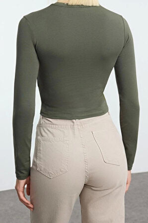 Stil Kadın Baskılı Vücuda Oturan Esnek Bluz Crop Örme Slim Kalıp