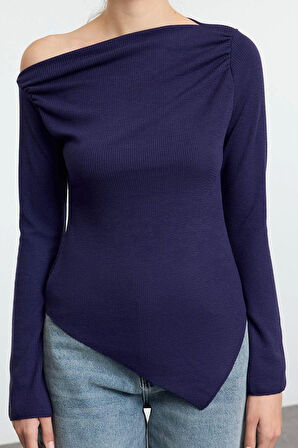 Stil Kadın Drapeli Asimetrik Esnek Bluz Uzun Örme Slim Kalıp