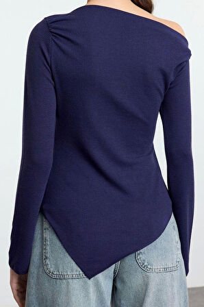 Stil Kadın Drapeli Asimetrik Esnek Bluz Uzun Örme Slim Kalıp