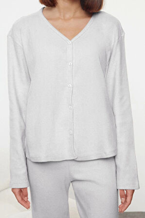 Tarz Rahat Uzun Kollu Boru Paça Fırçalı Soft Fitilli Hırka Örme Pijama Takımı