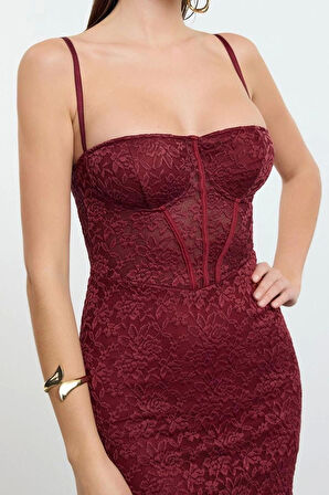 Moda Stil Fitted Kalp Yaka Midi Boy Bordo Örme Astarlı Dantel Elbise