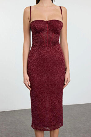 Moda Stil Fitted Kalp Yaka Midi Boy Bordo Örme Astarlı Dantel Elbise