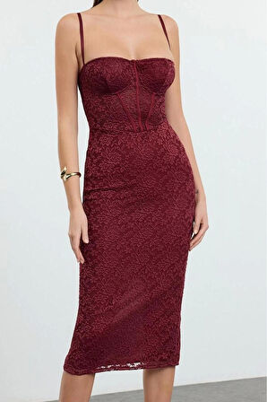 Moda Stil Fitted Kalp Yaka Midi Boy Bordo Örme Astarlı Dantel Elbise