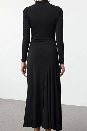 Moda Stil Slim Dik Yaka Maxi Boy Fitted Vücuda Oturan Uzun Kollu Esnek Örme Elbise