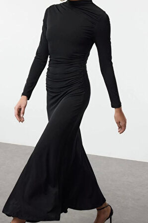 Moda Stil Slim Dik Yaka Maxi Boy Fitted Vücuda Oturan Uzun Kollu Esnek Örme Elbise