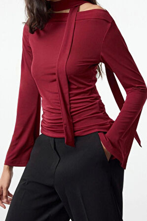 Stil Kadın Şal Detaylı Fitted Vücuda Oturan Esnek Bluz Regular Örme Slim Kalıp Düşük Kol