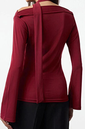 Stil Kadın Şal Detaylı Fitted Vücuda Oturan Esnek Bluz Regular Örme Slim Kalıp Düşük Kol