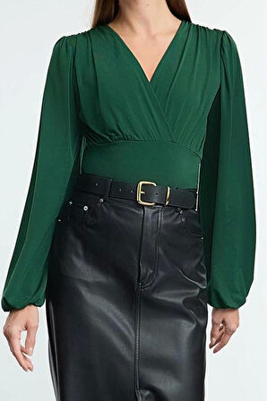 Stil Kadın Animal Baskı Yeşili Büzgü Drape Detaylı Kollu Esnek Bluz Regular Slim Kalıp Balon Kol