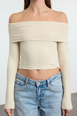 Stil Kadın Kısa Esnek Bluz Crop Örme Slim Kalıp