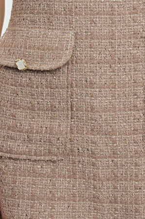 Moda Stil Regular Bisiklet Yaka Mini Boy A Kesim Cep Detaylı Dokuma Elbise