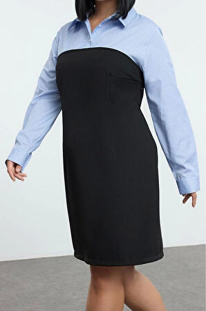 Moda Stil Fitted Gömlek Yaka Mini Boy Büyük Beden -Beyaz Bodycone Straplez Finike Gömlek Elbise