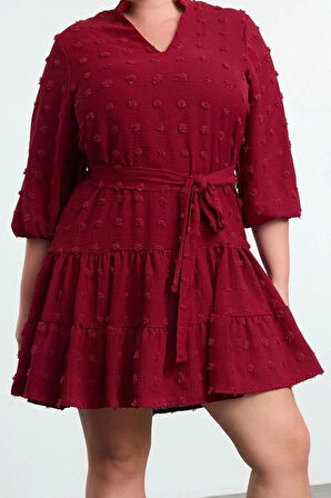 Moda Stil Fitted V Yaka Midi Boy Büyük Beden Balon Kol Kuşaklı Ponponlu Dokuma Büyük Beden Elbise