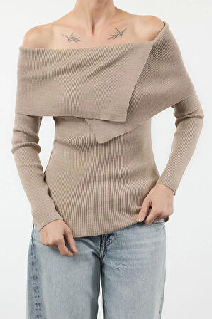 Stil Modern Kadın Regular Reglan Kol Carmen Yaka Basic Triko Kazak