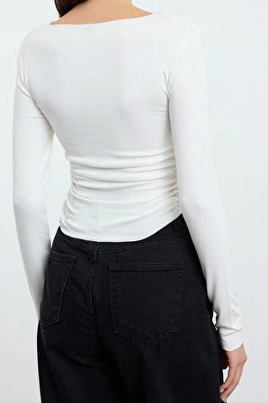 Stil Kadın Fitted Vücuda Oturan Büzgü Drape Detaylı Esnek Bluz Crop Örme Slim Kalıp Düşük Kol