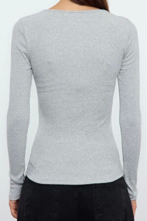 Stil Kadın Çıtçıtlı Fitted Vücuda Oturan Fitilli Esnek Bluz Regular Örme Slim Kalıp