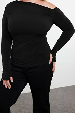 Moda Büyük Beden Asimetrik Yaka Örme Fit Düz Desen Casual Günlük Regular Uzun Kol Bluz