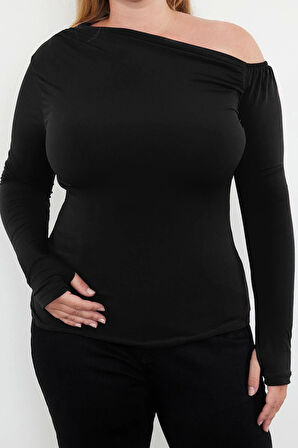 Moda Büyük Beden Asimetrik Yaka Örme Fit Düz Desen Casual Günlük Regular Uzun Kol Bluz