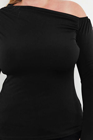 Moda Büyük Beden Asimetrik Yaka Örme Fit Düz Desen Casual Günlük Regular Uzun Kol Bluz