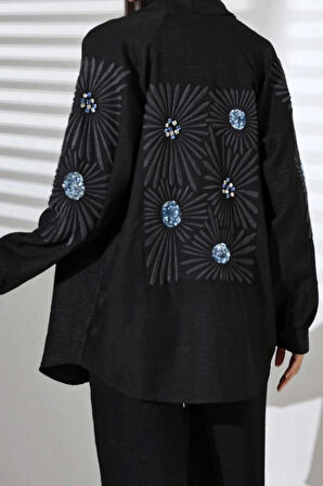 Tarz Kadın Modern Moda Normal Bel Boru Paça Gömlek Yaka Nakışlı Kimono-Pantolon Dokuma Alt-Üst Takım