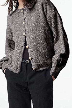 Stil Modern Kadın Regular Standart Kol Bisiklet Yaka Buklet Triko Hırka