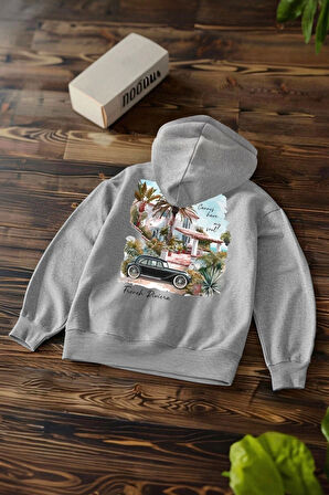 Unisex Oversize Kapüşonlu Standart Gri Geniş Kesim Uzun Kol Sıcak Tutan Baskılı Sweatshirt