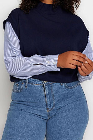 Stil Modern Kadın Regular Standart Kol Dik Yaka Büyük Beden Kolları Çizgili Dokuma Mixli Triko Kazak