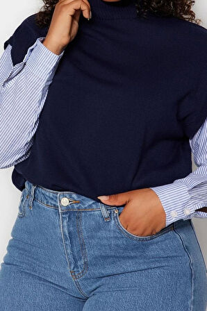 Stil Modern Kadın Regular Standart Kol Dik Yaka Büyük Beden Kolları Çizgili Dokuma Mixli Triko Kazak